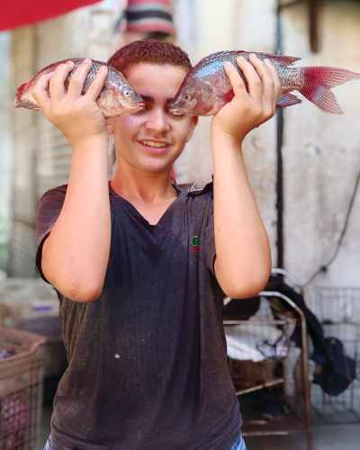Egyptian Boy Holding Two Nile Tilapia at Fish Market