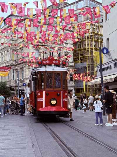Red Heritage Tram on Istiklal Avenue, Taksim Istanbul