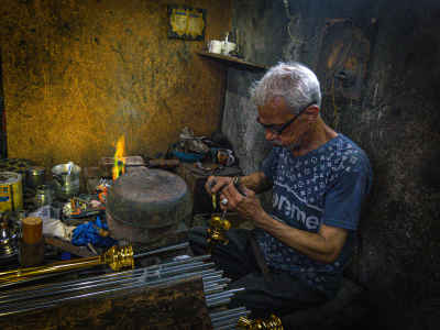 Hookah Craftsman Working in Cairo Workshop, Al-Gamaliya
