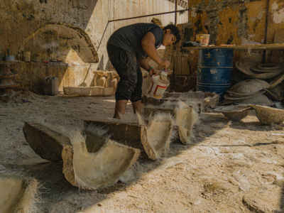Fiberglass Worker Applying Molding Material, Cairo Workshop