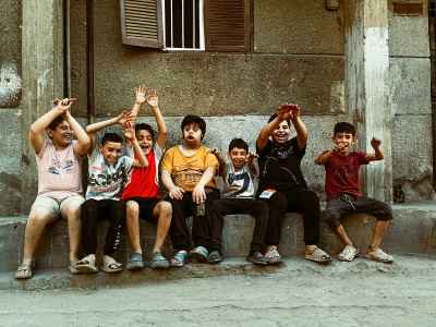 Egyptian Boys Sitting on Street Steps, Cairo