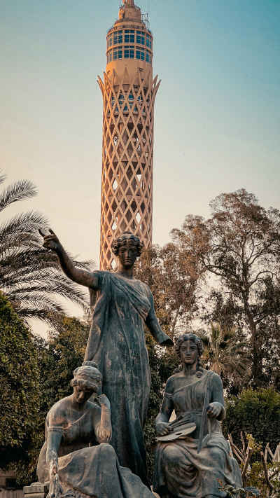 Cairo Tower and Bronze Sculptures at Sunset, Gezira