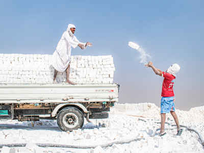 Quarry Workers Loading White Limestone Bricks, Minya