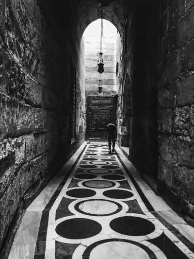 Mosque Corridor with Geometric Marble Floor, Al-Muizz Street