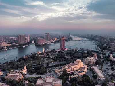 Aerial View Cairo Skyline Nile River at Sunset