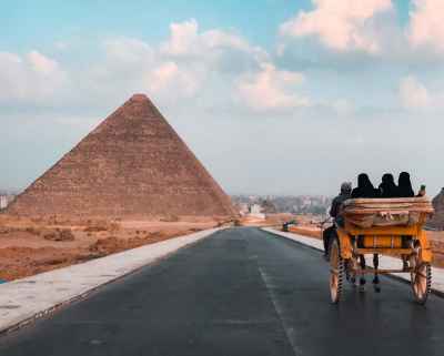 Hantour Carriage Passing Giza Pyramids, Egypt