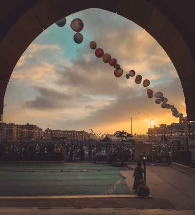 View Through the Mosque Arch Before Eid Prayer