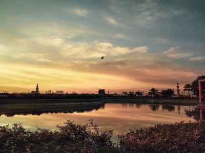Al-Azhar Park Lake Sunset Reflection, Cairo