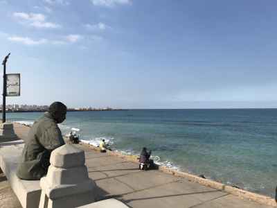 People Fishing on Alexandria Corniche, Mediterranean Sea
