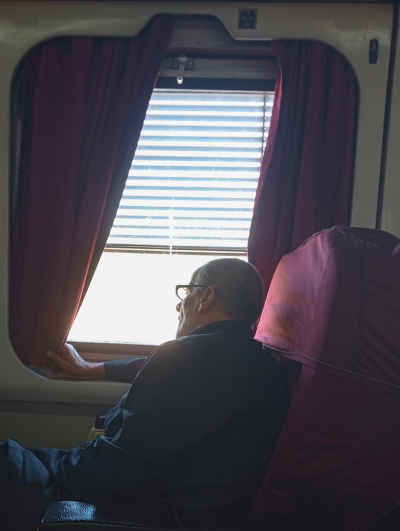 Elderly Man Looking Out Train Window, Cairo to Alexandria