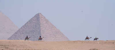 Camels and Riders at Giza Pyramids, Egypt