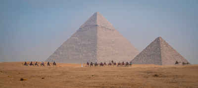 Camel Caravan at Giza Pyramids, Egypt