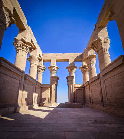 Philae Temple Ancient Columns Blue Sky Aswan Egypt
