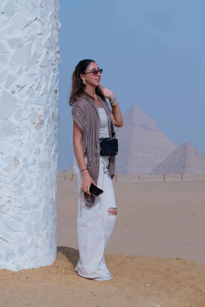 Woman Posing at Giza Pyramids Plateau, Egypt