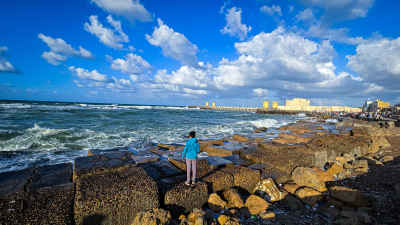 Person Standing on Rocky Alexandria Mediterranean Coastline
