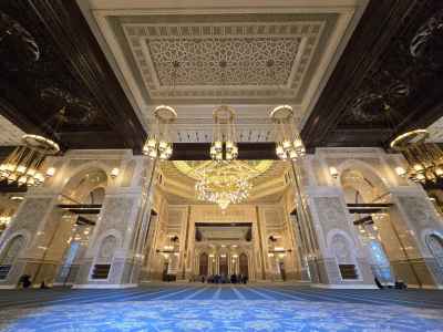Grand Mosque Ornate Interior Golden Chandeliers MENA