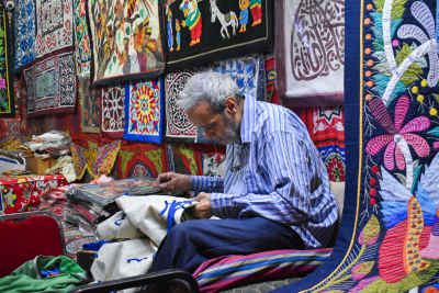 Khayamiya Craftsman Sewing Appliqué Fabric, Al-Khayamiya Cairo