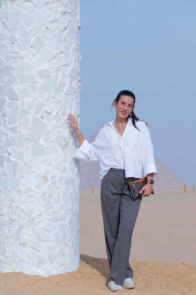 Woman Posing at Forever Is Now Exhibition, Giza Pyramids