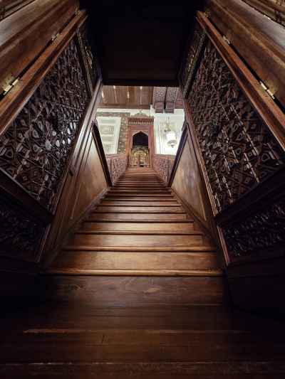Carved Wooden Minbar Staircase with Mashrabiya, Cairo Mosque