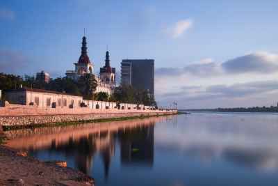 Historic Church Waterfront Skyline at Dusk Reflection