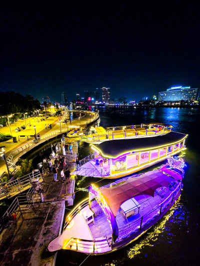 Two Nile Feluccas Docked at Cairo Corniche Night