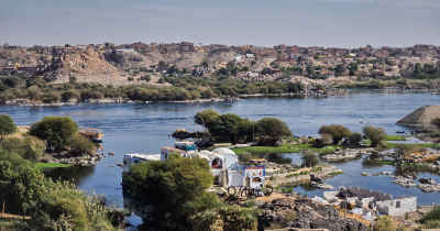 Nile River and Nubian Village View, Aswan Egypt