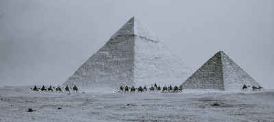 Camel Convoy Passing the Giza Pyramids, Black and White