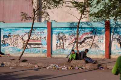 Children Beside Patriotic Wall Mural, Sudan Street Cairo