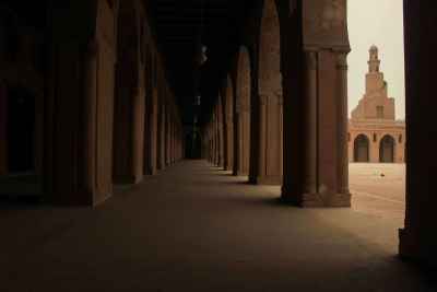 An impressive view of the interior of Ahmed Ibn Tulun Mosque in Cairo, Egypt