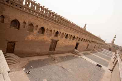 Architectural view of the central dome and spiral minaret of the historic Ahmad Ibn Tulun Mosque in Old Cairo, Egypt - 6