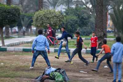 Boys Playing Soccer in a Park, Cairo Winter 2017