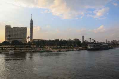 Cairo Tower and Nile River Waterfront at Sunset