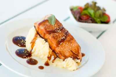Grilled Salmon with Mashed Potatoes and Teriyaki Sauce – Food Photography