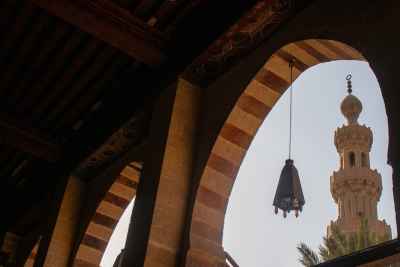 Minaret and Arch View inside the Blue Mosque (Amir Aqsunqur Mosque) in Cairo