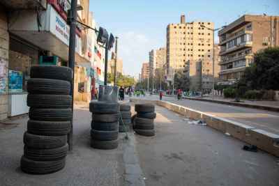 Used Tires Stacked on Sudan Street, Cairo Metro Works 2017