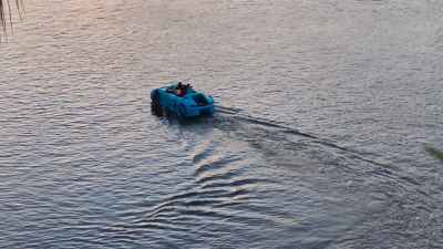 Blue Amphibious Car on Nile River, Al-Daqahliya Sunset