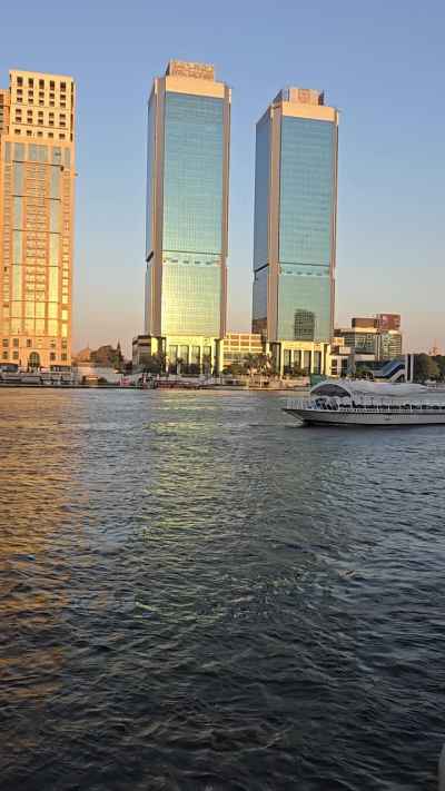 Nile Corniche Twin Towers and River Boat, Zamalek Cairo