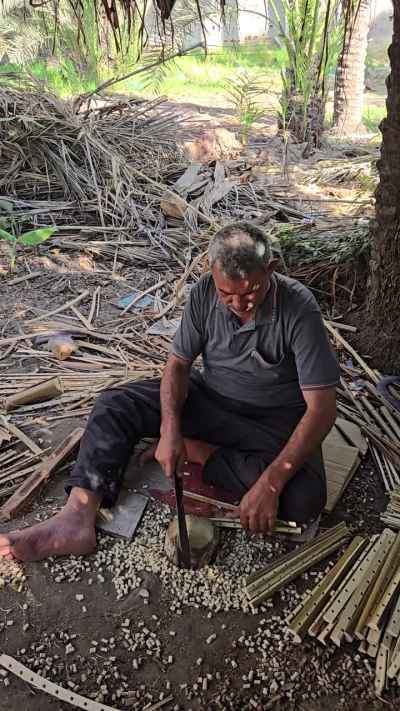 Egyptian Craftsman Carving Reed Sticks Under Palm Trees