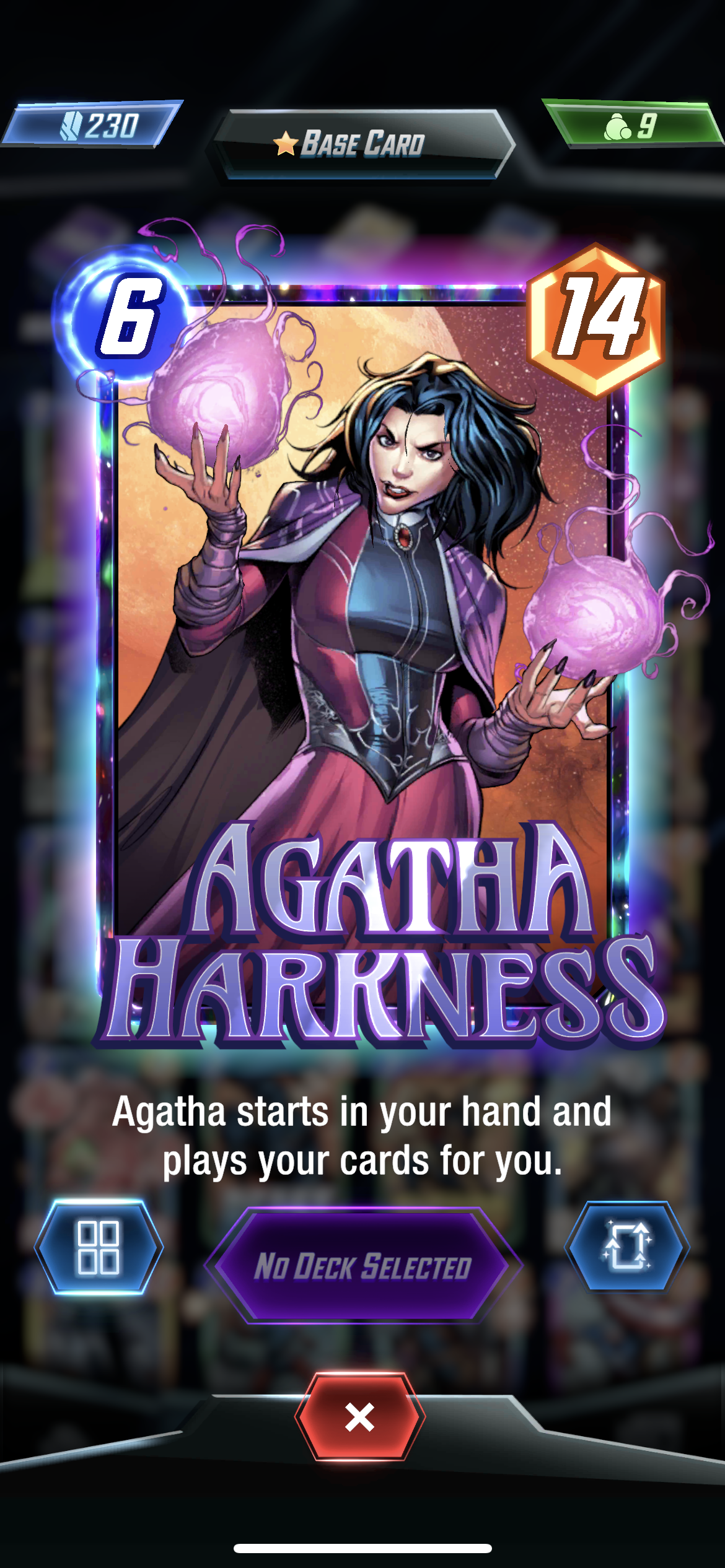 Agatha Harkness card from Marvel Snap.