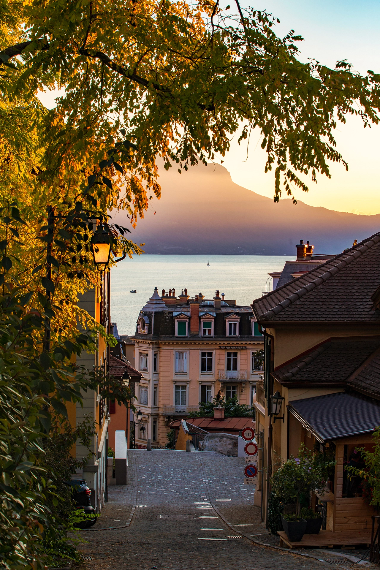 Golden Hour Over Montreux’s Charming Streets and Lake Geneva