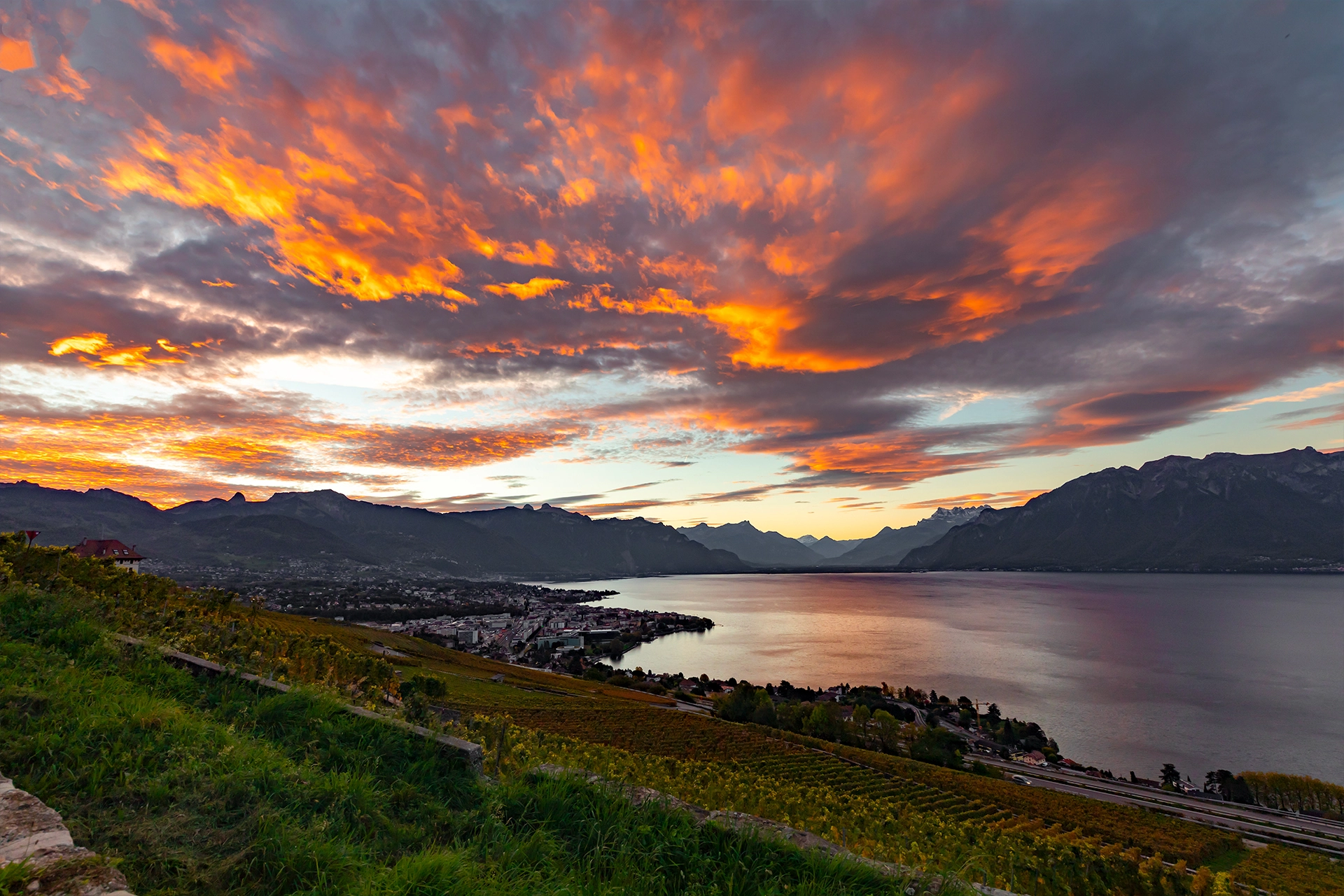 Fiery Sunset Over Lake Geneva and Lavaux Vineyards