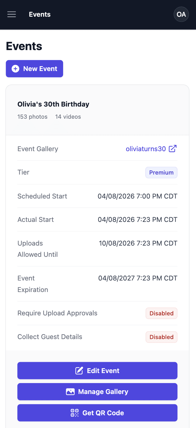 Qrowd Pics event creation interface