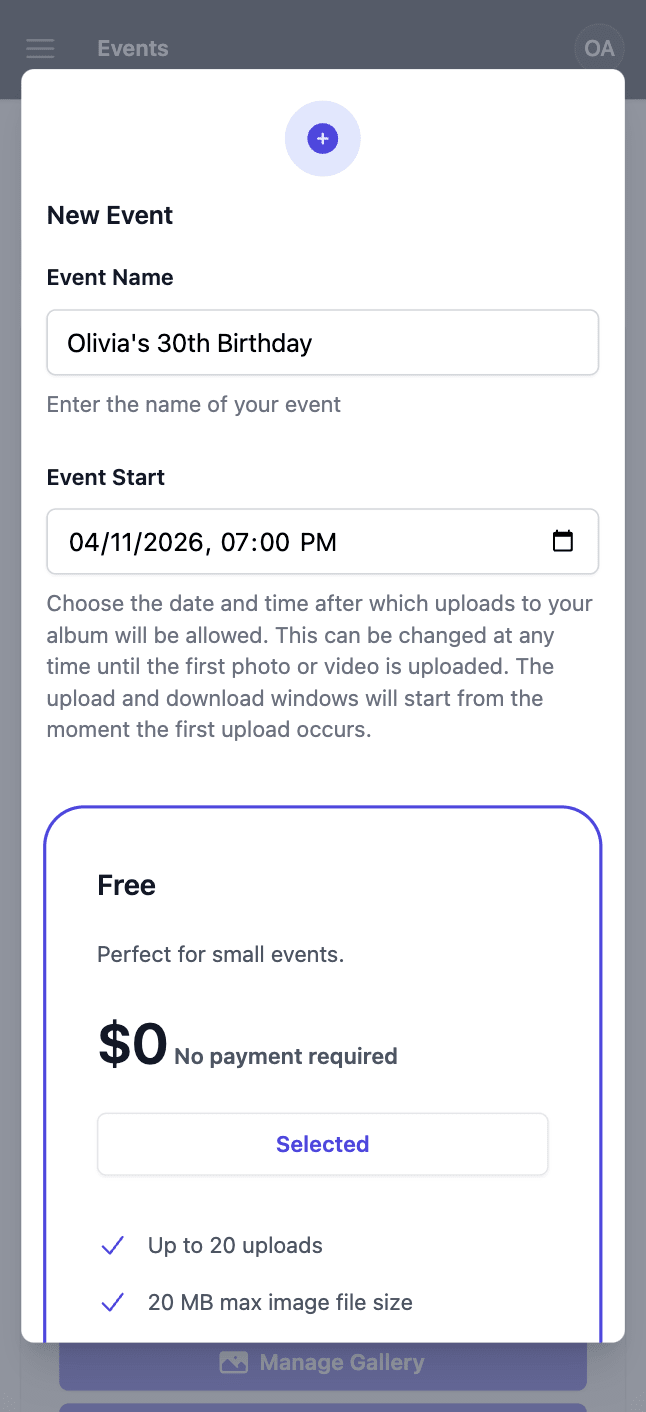 Qrowd Pics event creation interface