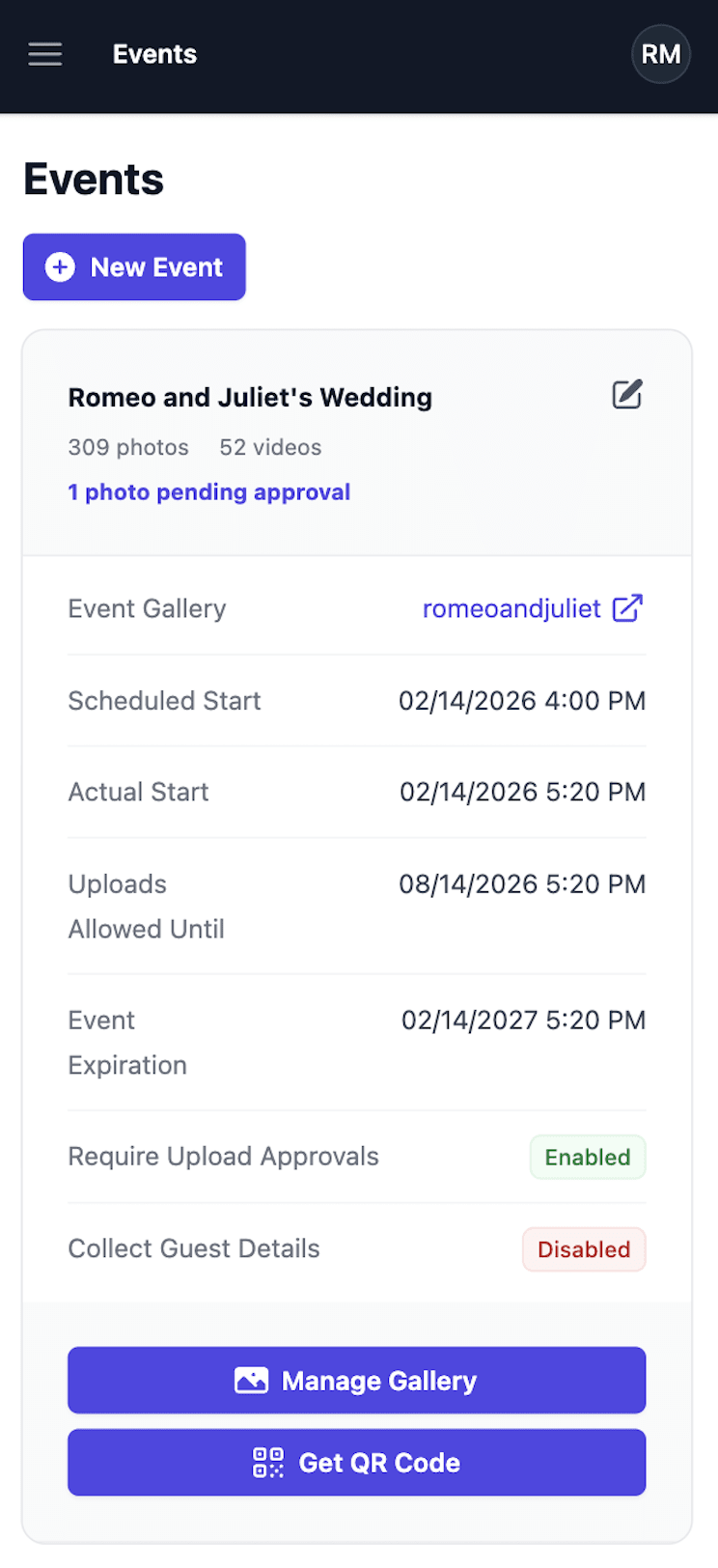 Qrowd Pics event creation interface