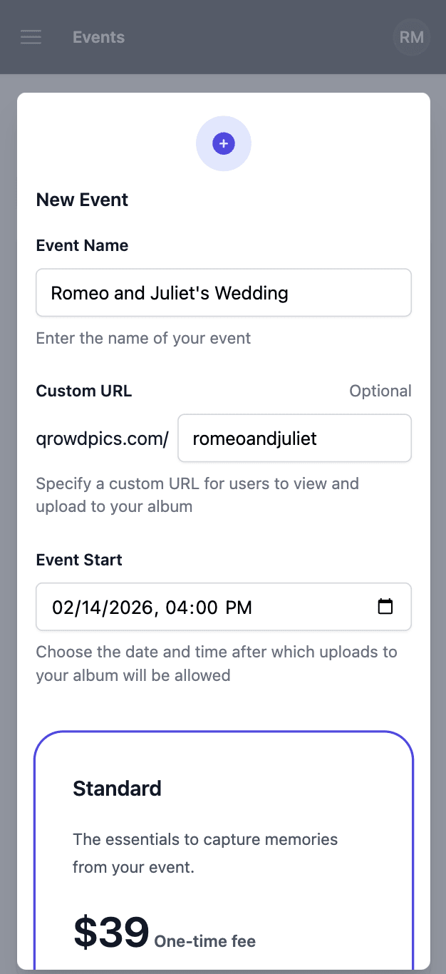 Qrowd Pics event creation interface