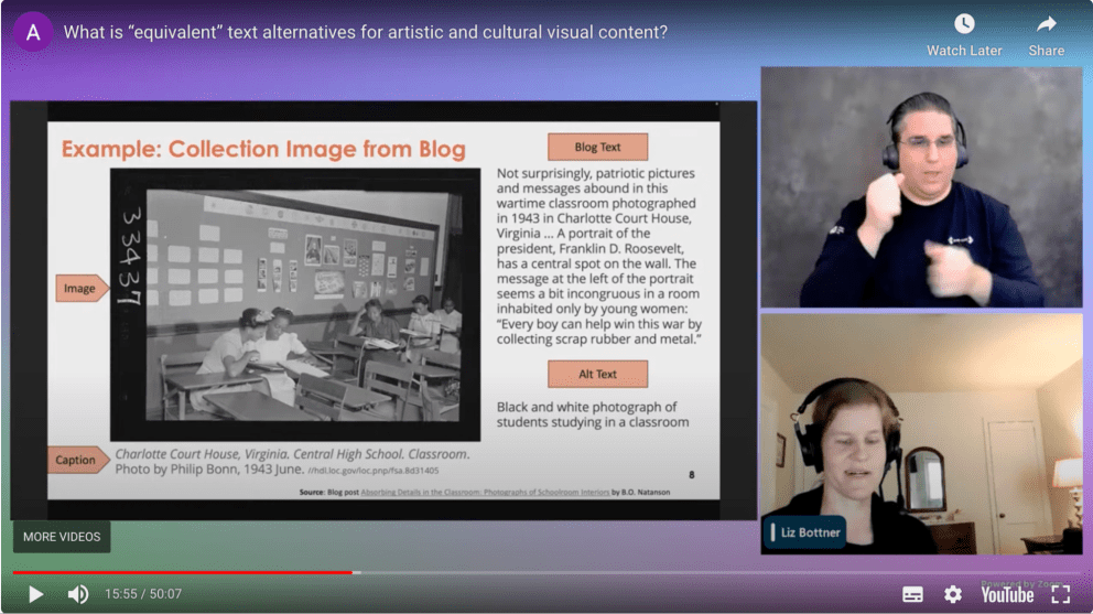 Screenshot of the session. A slide displaying an image, with text around: its caption, image description and alt text; a sign language interpreter and Liz Bottner presenting.