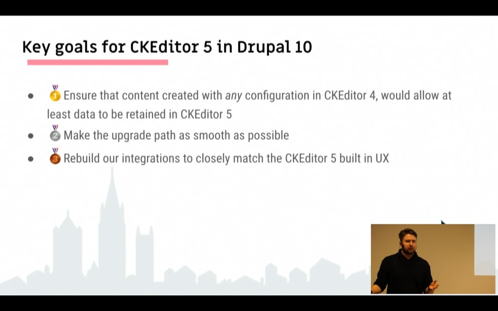 Lauri Eskola talking about the Key Goals for CKEditor 5 in Drupal 10