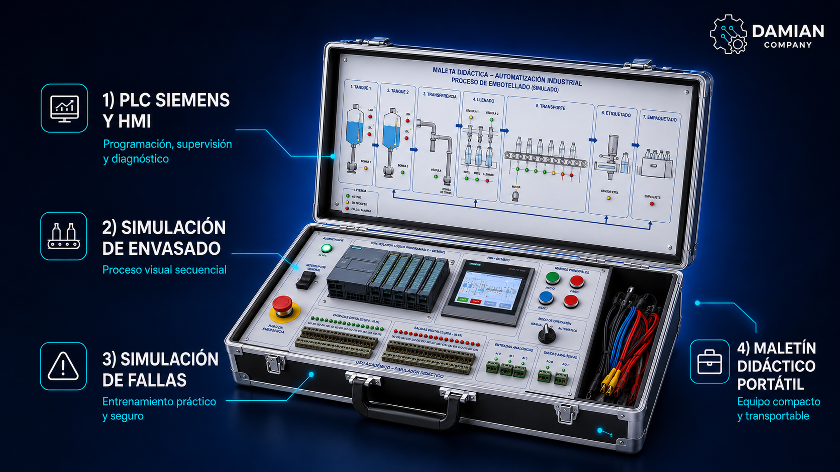 Maletín didáctico portátil de automatización industrial con PLC Siemens y panel sinóptico para simulación de una línea de envasado automatizado — imagen 1