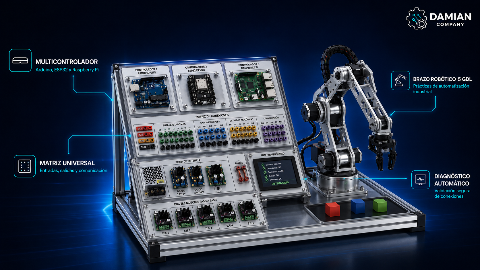 Módulo didáctico de automatización industrial con brazo robótico de 5 GDL — imagen 1