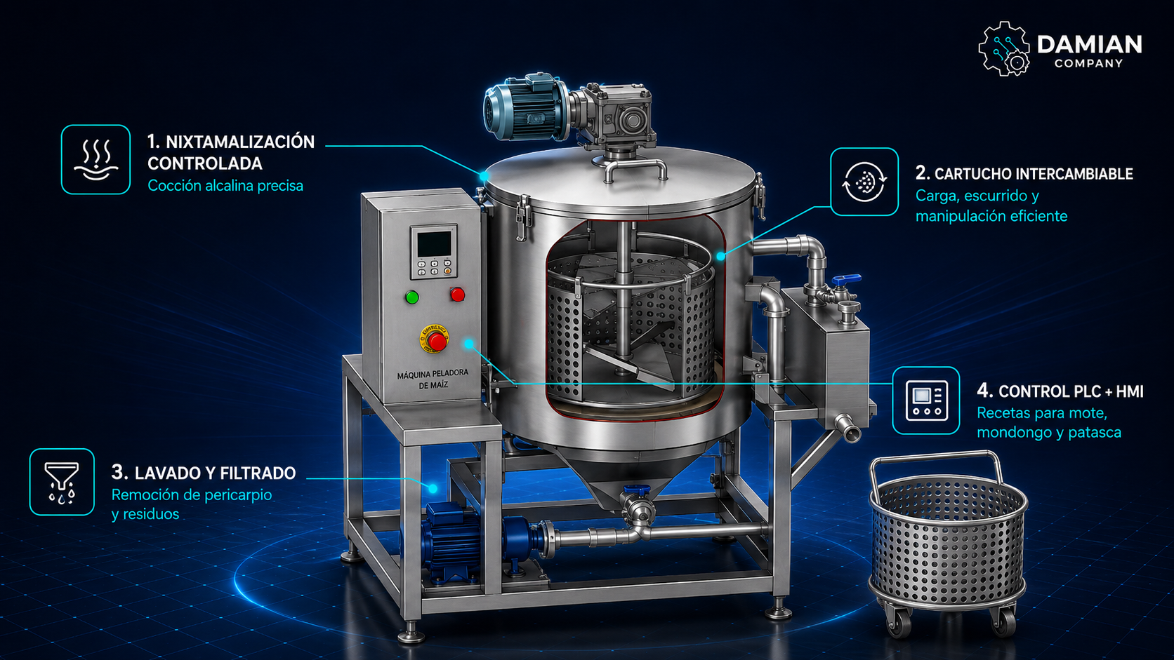 Máquina modular automatizada para nixtamalización, pelado y lavado de maíz para mote, mondongo y patasca — imagen 1